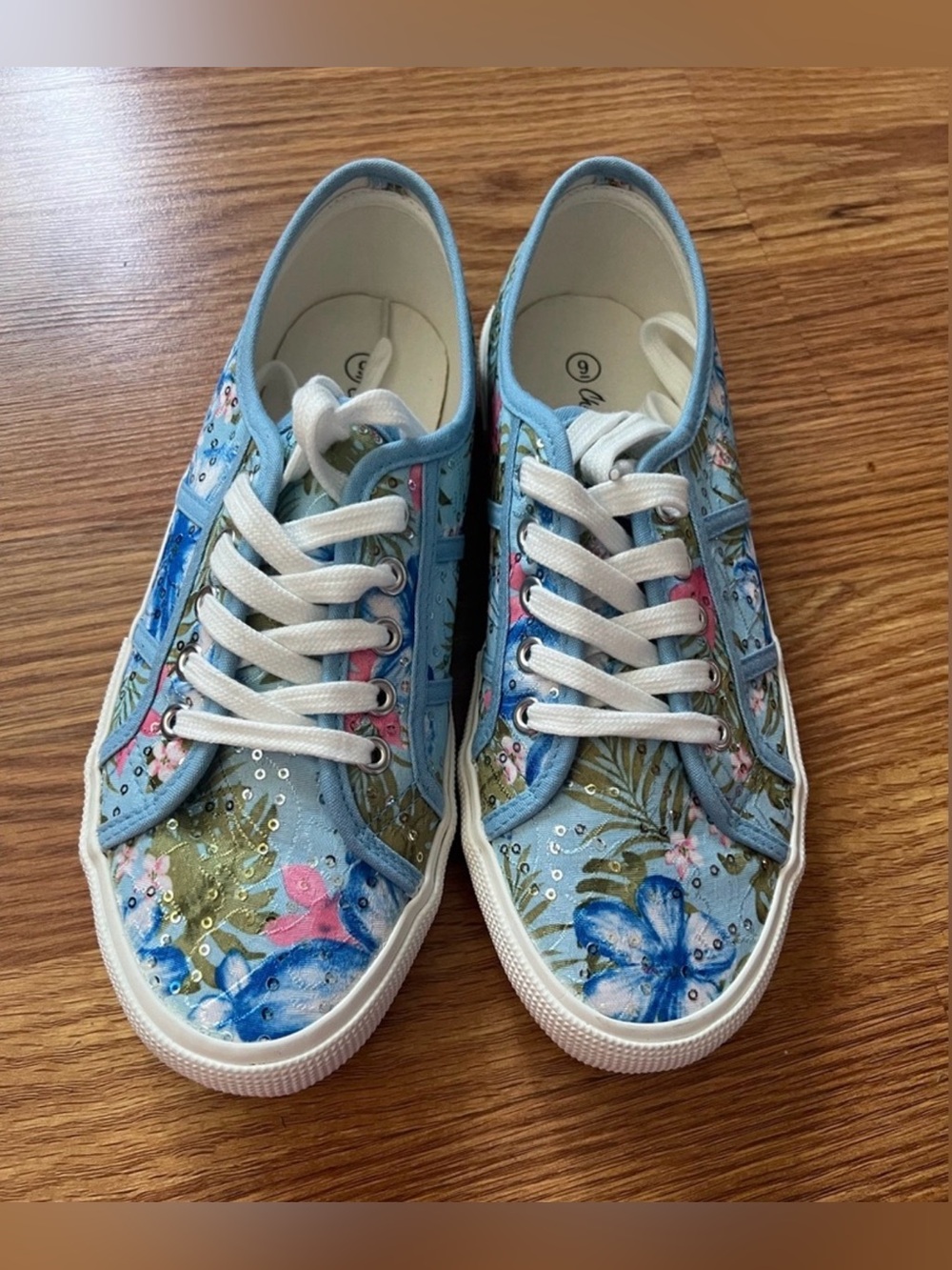 Charlie Paige Blue floral sequined sneakers NWT